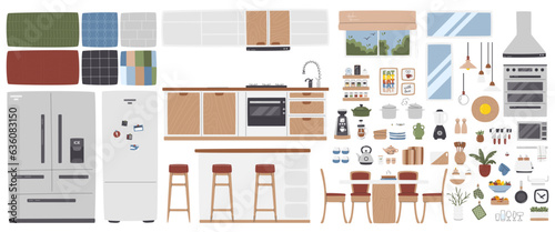 Kitchen set with appliances and utensils. Dining room furniture objects isolated. Kitchen interior element set. Home related indoor elements. Mid century collection hand drawn flat vector illustration
