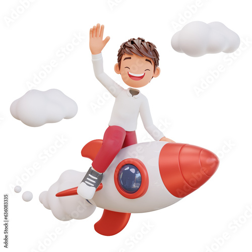 3d rendered cute student character is flying on a rocket