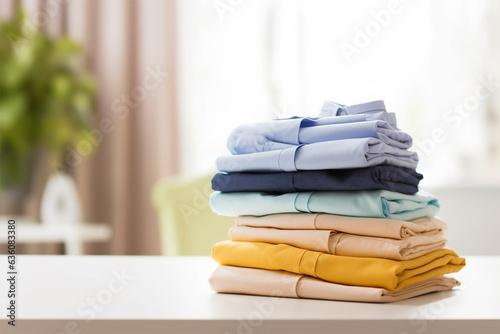 close-up of washed and ironed clothes on the table in the room. housework. 