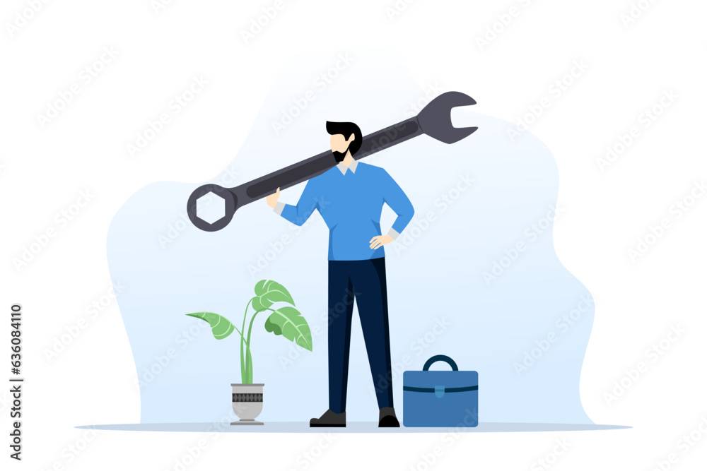 fix business problem concept, help solve problem, fix business in crisis or crisis management, smart businessman bring big wrench metaphor to fix problem. flat vector illustration on a white backgroun - obrazy, fototapety, plakaty 