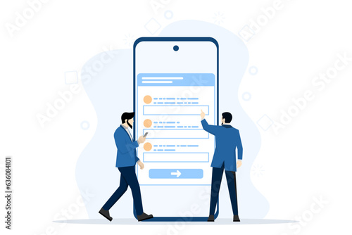online registration concept, flat vector business people team working to fill registration in mobile app. filling online form, flat vector illustration on a white background.