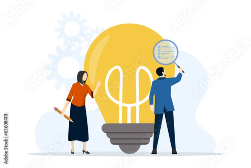 Business feasibility check, evaluate profitable business idea, feasibility study with market research to see the possibility of success, businessman with magnifying glass analyzing light bulb idea.