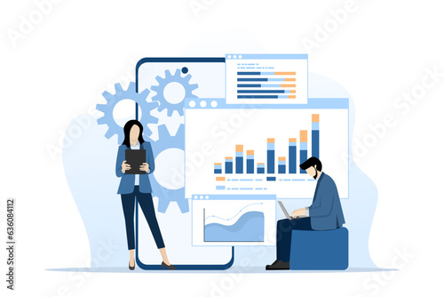 business data analytics research concept and Data Scientist team meeting. with business people working together on report graph dashboard monitor. and financial investment planning concept, vector.