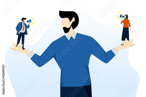 employee voice concept, listening to colleague's opinion or idea, choosing to believe the truth, fact or wild team member, manager or boss entrepreneur listening to employee scream in both hands.