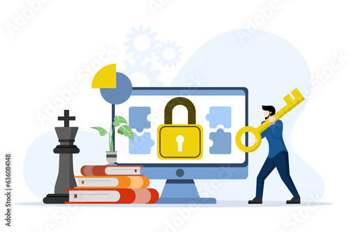 key concept of success in business, with businessman holding key, business plan. business presentation, online advertising. main account manager. The key to success and purpose. vector illustration.