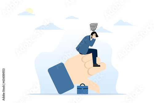 demotivating failure, error or negative feedback concept, no passion or burnout from work, mental breakdown or depression concept, sad stressed businessman sitting on negative thumbs down symbol.