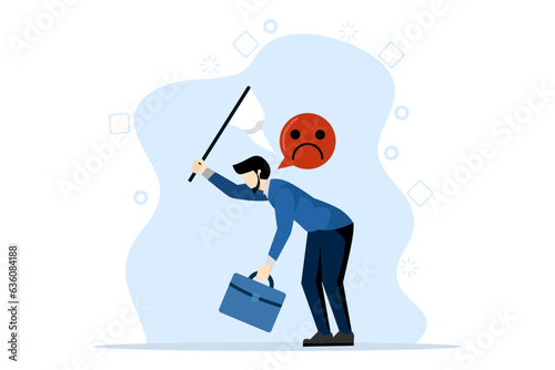 concept of giving up or surender on business battle, time to quit or quit failed company, sad businessman waving white flag metaphor of giving up or giving up on work and business.