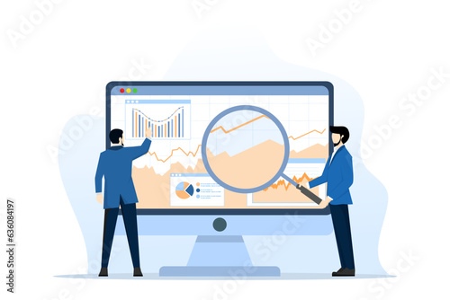 statistics and data analysis concept, business finance investment with business team working on monitor chart dashboard, data analytics, dashboard, flat vector design on white background.