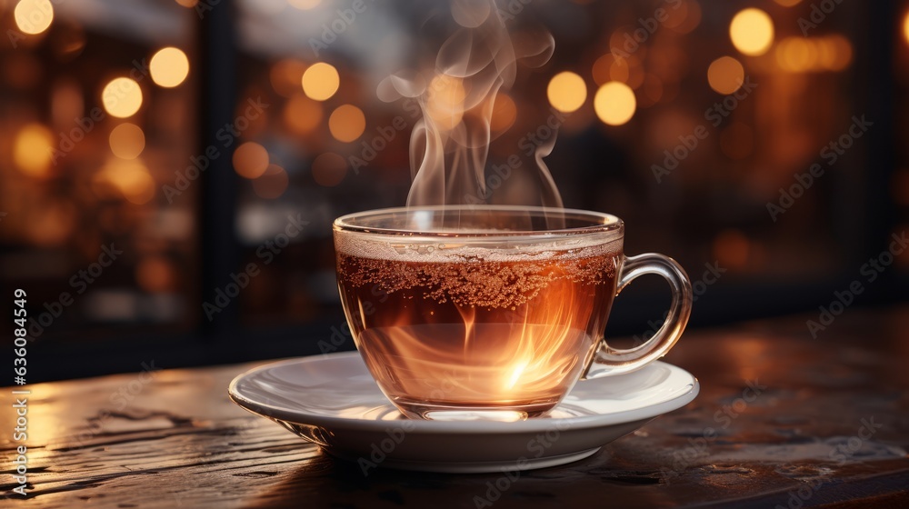 A steaming hot cup of tea on an outdoor table with blurred background, warm tones, and plenty of copy space. Generative AI. A steaming hot cup of tea on an outdoor table with blurred background, warm tones, and plenty of copy space. Generative AI.
