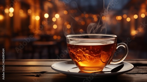 A steaming hot cup of tea on an outdoor table with blurred background, warm tones,  and plenty of copy space. Generative AI. 