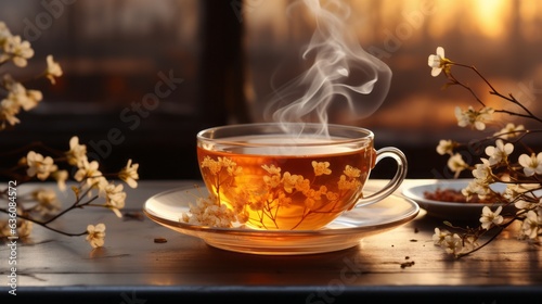A steaming hot cup of tea on an outdoor table with blurred background, warm tones, and plenty of copy space. Generative AI. 