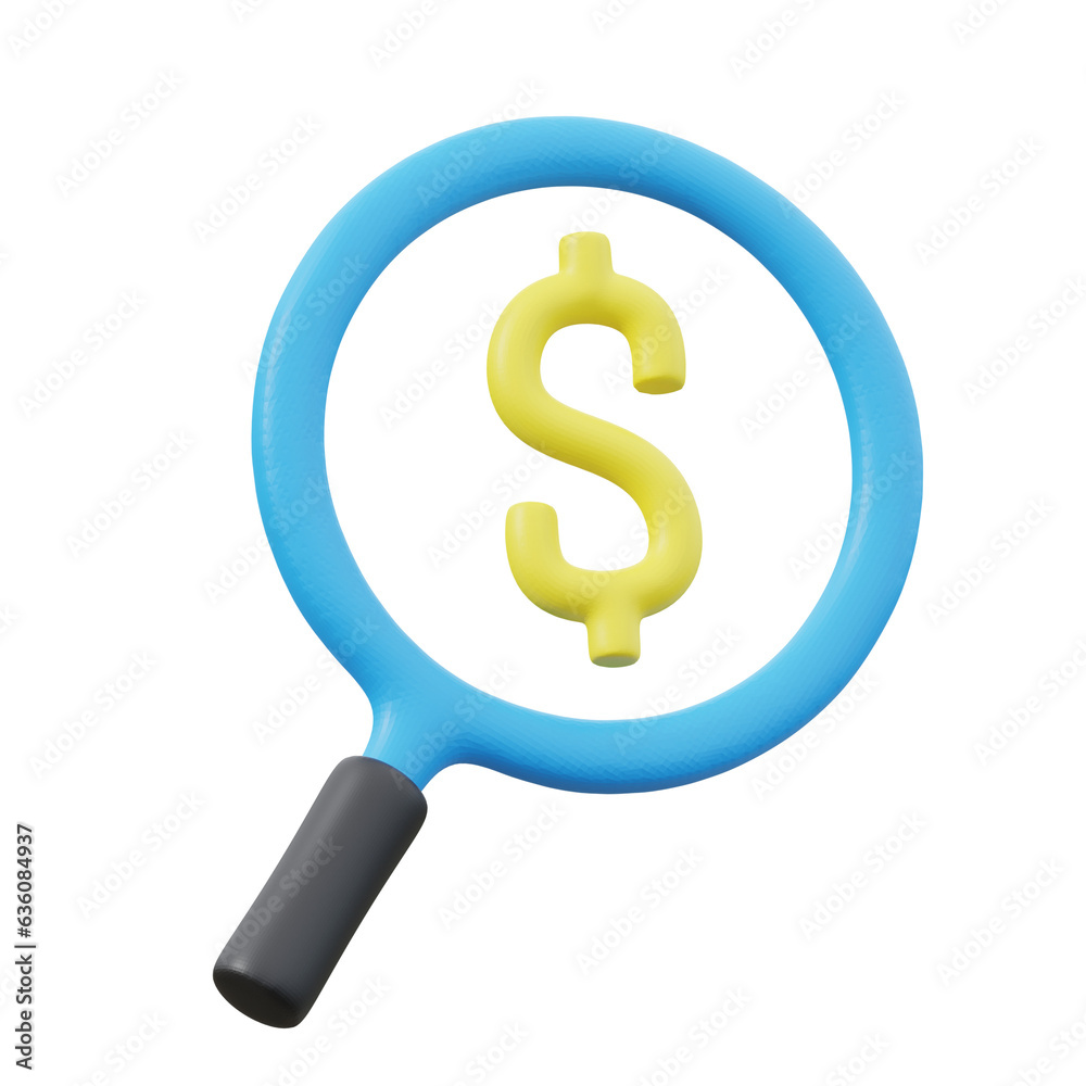 3d icon of magnifying glass and dollar sign