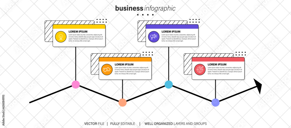 Timeline infographic with infochart. Modern presentation template with 4 steps for business process. Website template on white background for concept modern design. Horizontal layout.
Timeline infographic with infochart. Modern presentation template with 4 steps for business process. Website template on white background for concept modern design. Horizontal layout.