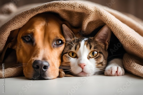 Cat together with dog covered with a cloth