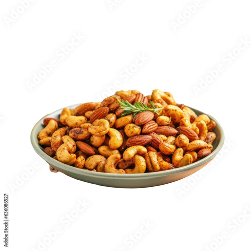 Spicy nuts fried and placed on a black plate isolated