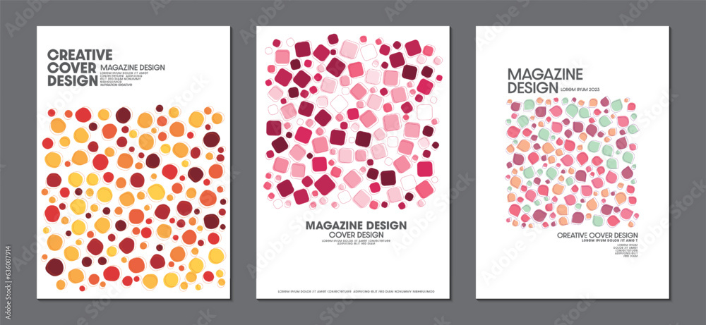 Collection of cover design templates with geometric patterns. White background. Ideas for magazine covers, brochures and posters. Vector illustration.