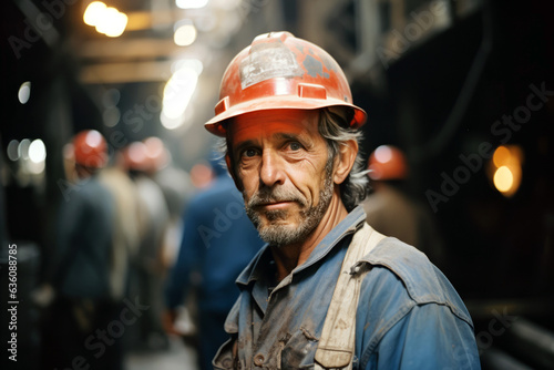Portrait of a proud and resilient American steel worker in a factory, reflecting strength and skilled blue-collar labor, an emblem of industriousness.