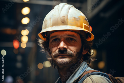 Portrait of a proud and resilient American steel worker in a factory, reflecting strength and skilled blue-collar labor, an emblem of industriousness.