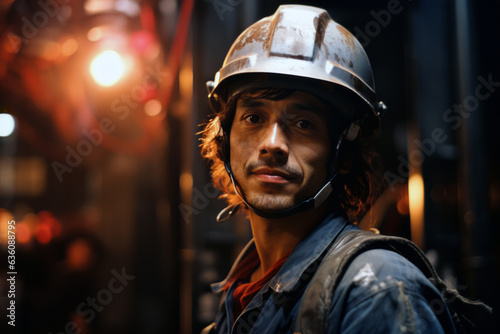 Portrait of a proud and resilient American steel worker in a factory, reflecting strength and skilled blue-collar labor, an emblem of industriousness.