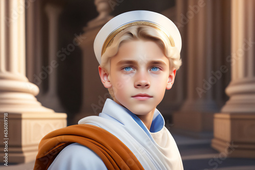 A handsome blond teenager in his toga of the Roman emperor. Generative AI_7. photo