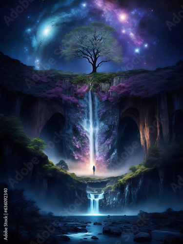 divine tree with glitter glow light, tree of the universe, tree of life, Generative Ai