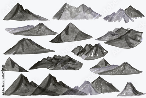 set of watercolor blue and black mountain hill, tree and stone. 