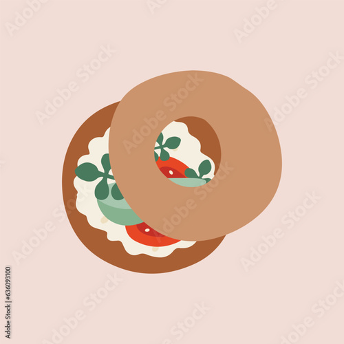 Flat hand drawn vector illustration of cute fresh bagel sandwich with cream cheese, avocado, tomato. Delicious bakery baking for cafe menu, poster, sticker, picnic breakfast brunch element doodle icon