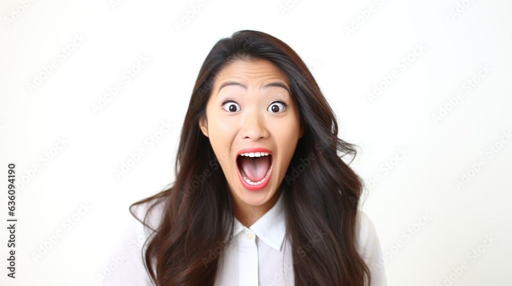 Brunette woman with mouth wide open in a scream shows shock and fear