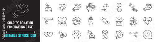 Charity Editable Stroke Icon, also includes care, hearts, donation, fundraising, philanthropy, volunteer, helping hands line icons. Icons for web design