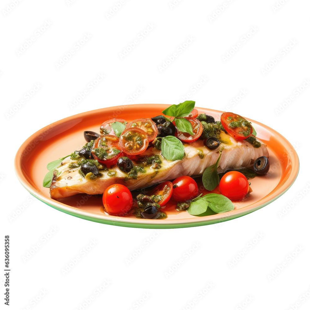 Sole fish fillet with bread tomatoes olives and chives on a green plate
