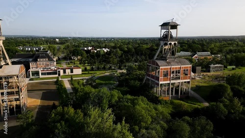 Old mining shaft complex towers in Genk, aerial drone view photo