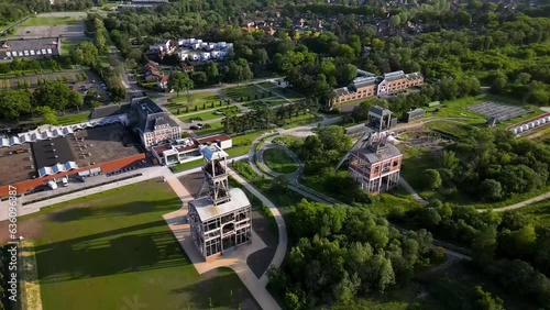 Old mining shaft complex in Genk, Belgium, aerial drone view photo