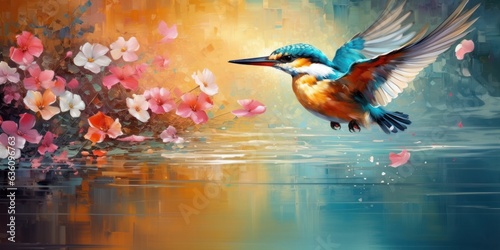 illustration of a kingfisher is jumping happily among the flowers, generative AI