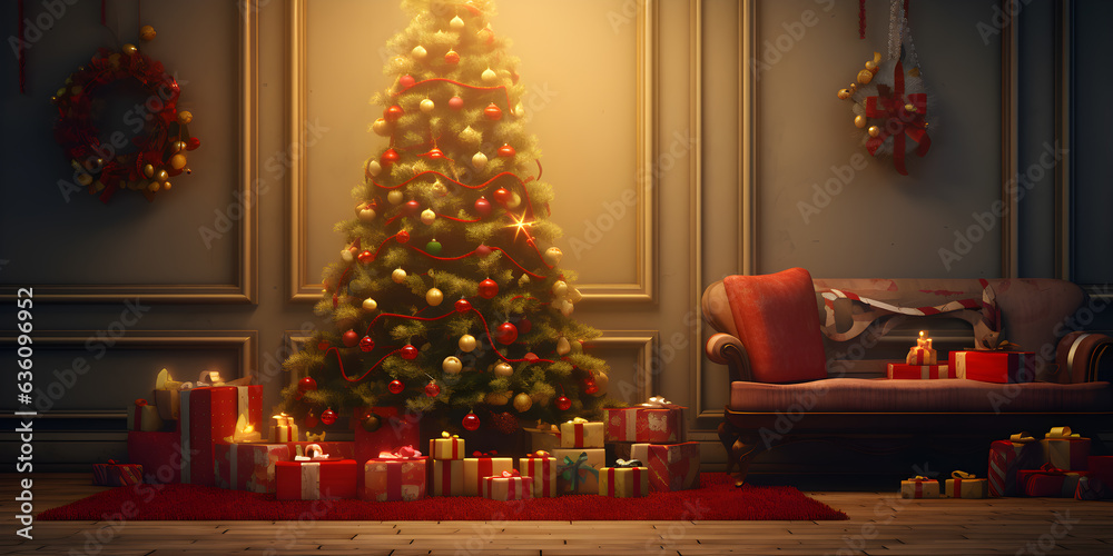 Interior Christmas. magic glowing tree, gifts box decoration in wall room, AI generate