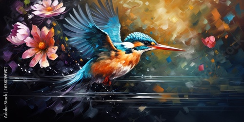 illustration of a kingfisher is jumping happily among the flowers, generative AI © VALUEINVESTOR