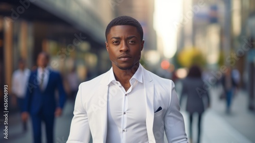 portrait of a handsome smiling young black african american businessman boss in a white suit walking on a city street to his company office. blurry crowdy street background. Generative AI photo