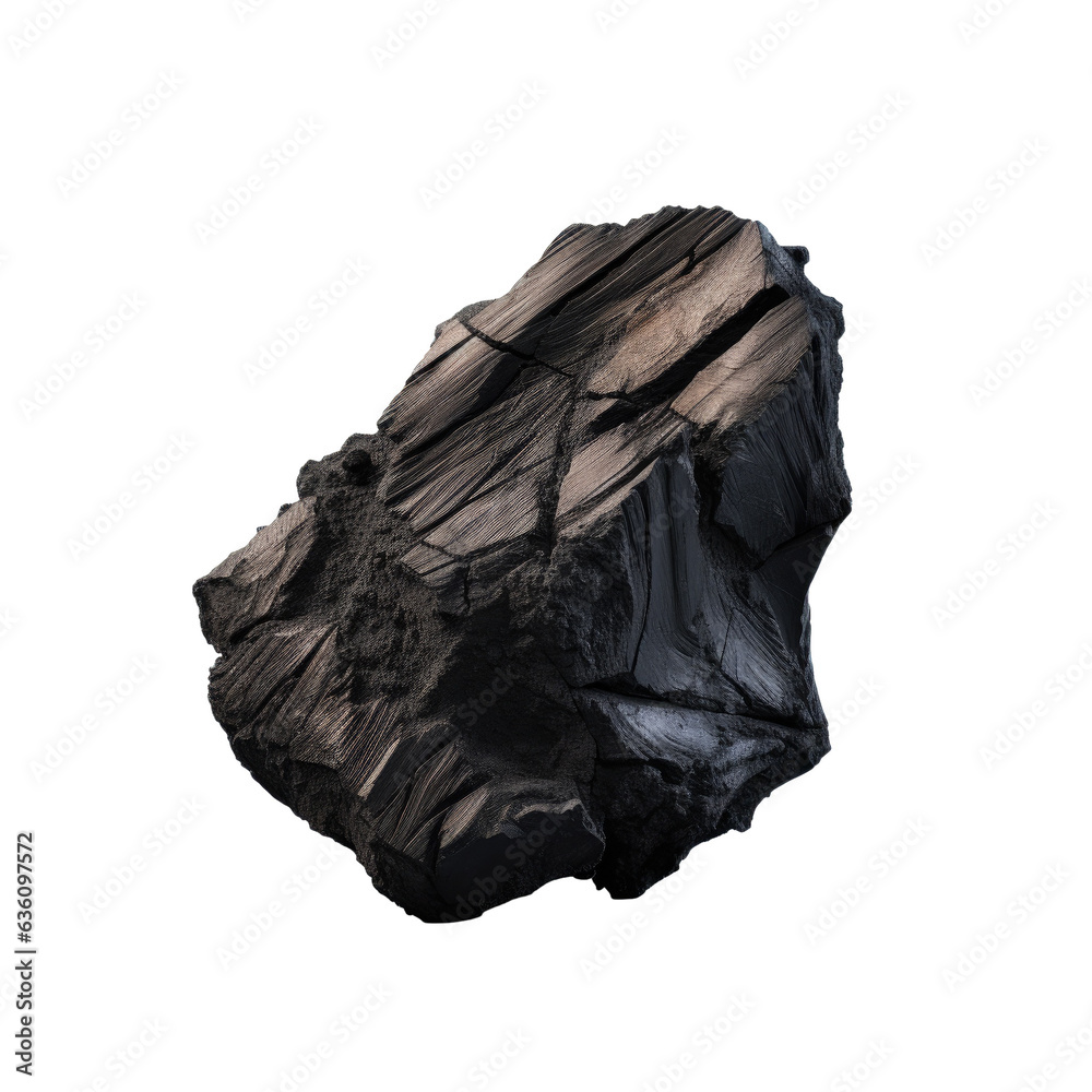 Fragmented coal wood piece on transparent background