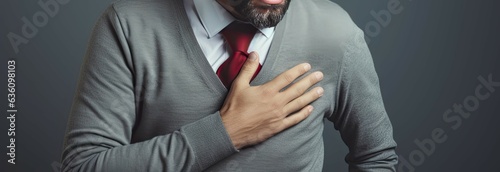 Man holding hands on chest. Heart disease. Feeling sad. Facing struggle. Aching health concerns