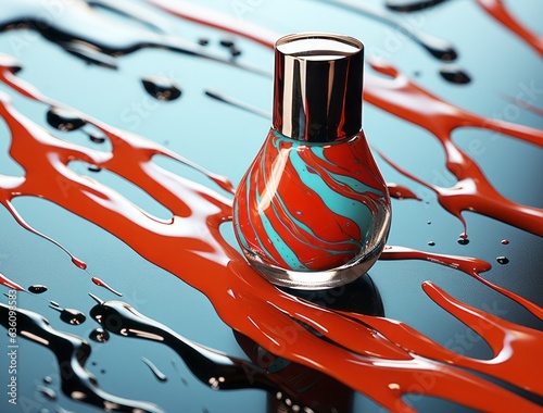 A glass buttle with nail polish. Coral red and teal palette. Close up. For fashion, beauty, manicure illustration. AI generated digital design. 