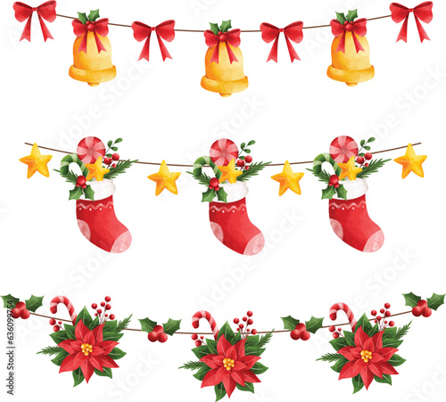 Watercolor illustration set of Christmas decoration garland