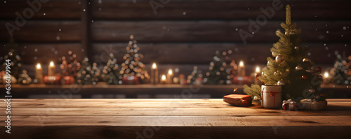 Empty space wood table with Christmas tree decoration with lights blurred background, Blank for display of presentation product, AI generate