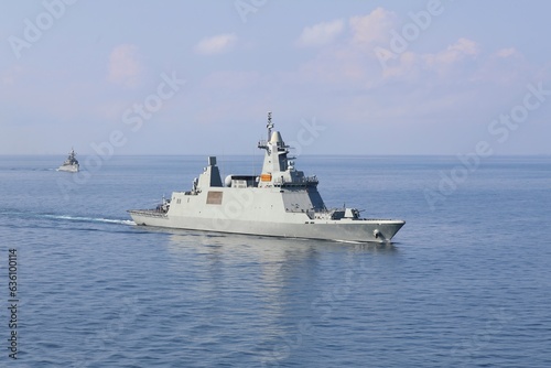 Warship on patrol in the sea