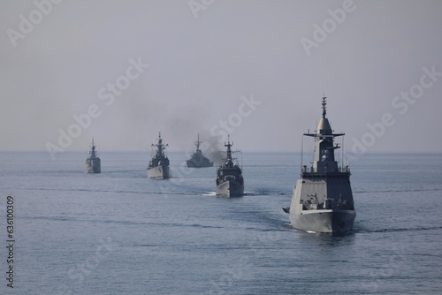 Valokuva line of modern russian military naval battleships warships in the row, northern