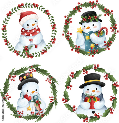 Watercolor illustration set of Christmas wreath with Snowman