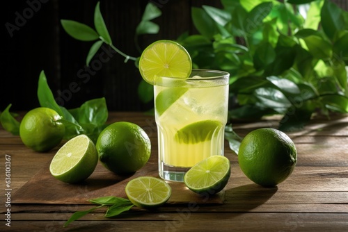 Lime juice in glass on rustic wooden table top, close up view. 