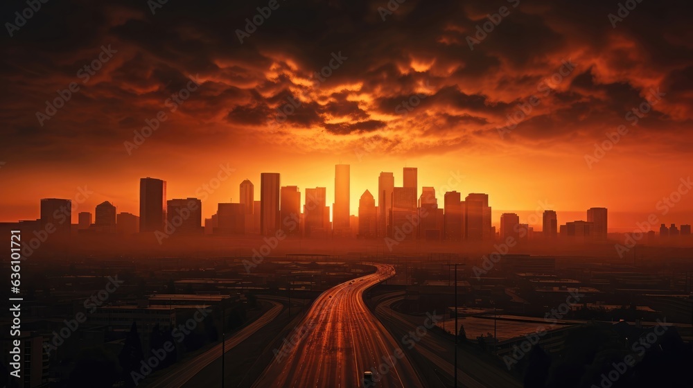 A bustling urban skyline silhouetted against a fiery sunset, skyscrapers reaching for the fading light.