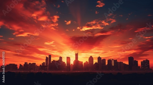 A bustling urban skyline silhouetted against a fiery sunset, skyscrapers reaching for the fading light. © Kanisorn