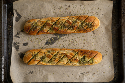 Before and after of garlic bread  photo