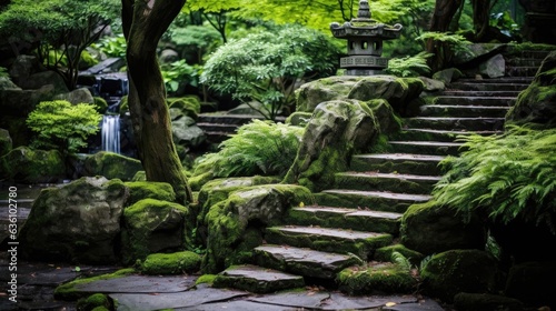 Lush green foliage cascading over ancient weathered stones in a tranquil garden setting.