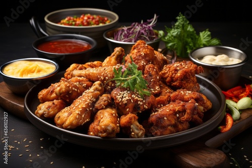 Platter of Savory and Crispy Korean Fried Chicken with Various Dipping Sauces, Generative AI